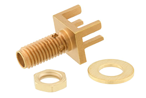 SSMA メス バルクヘッドマウントコネクタ、はんだ接続、.062インチエンドランチPCB