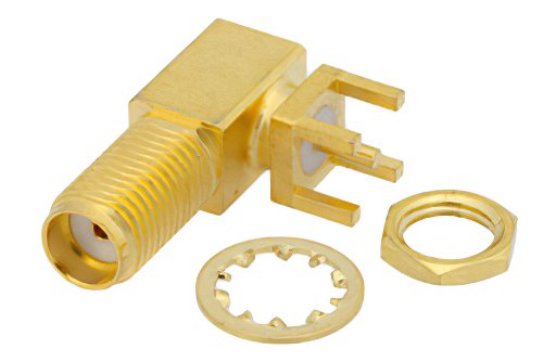 SMA メス 直角バルクヘッドマウントコネクタ、はんだ接続、スルーホールPCB、.235インチD穴