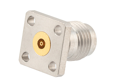 2.4mm Female Field Replaceable Connector 4 Hole Flange Mount 0.02 inch Pin, .250 inch Hole Spacing with Metal Contact Ring