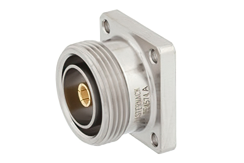 7/16 DIN メス コネクタ、ねじ式ピン接続、4ホールパネルマウント、ピンターミナル、.975インチ穴間隔