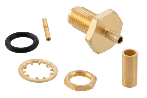 非磁性 SMA メス バルクヘッド マウントコネクタ, 圧着/はんだ接続, RG174U .236 インチ D穴