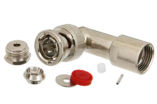 75 Ω BNC オス 直角コネクタ、クランプ/はんだ接続、RG179、RG187