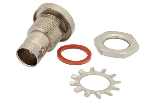 75 Ω BNC メス バルクヘッドマウント気密シールコネクタ、はんだ接続、タレットターミナル、.480インチD穴