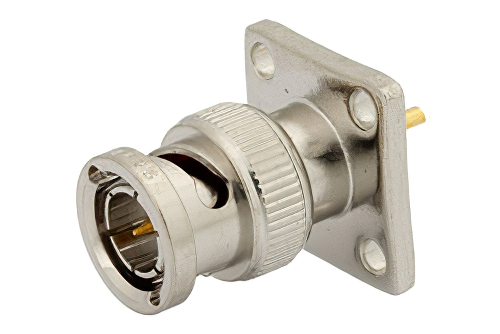 75 Ω BNC オス コネクタ、はんだ接続、4ホールパネルマウント、ソルダーカップターミナル、.531インチ穴間隔