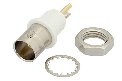 75 Ω BNC メス バルクヘッドマウント絶縁グラウンドコネクタ、はんだ接続、ソルダーカップターミナル、.350インチD穴