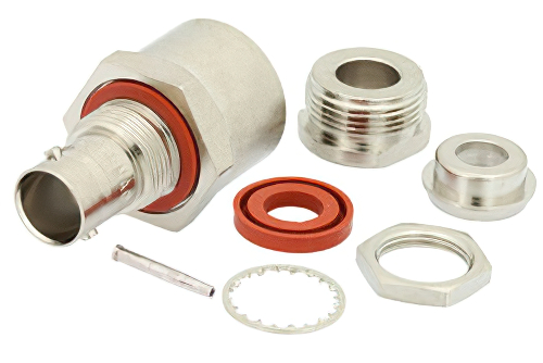 75 Ω BNC メス バルクヘッドマウントコネクタ、クランプ/はんだ接続、RG6、.480インチD穴