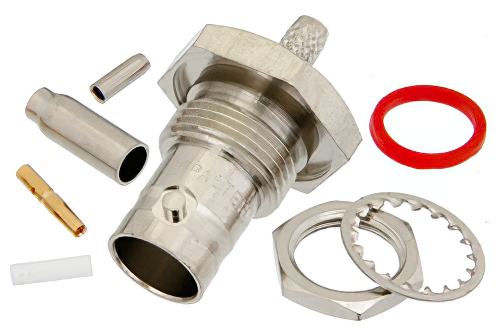 75 Ω BNC メス バルクヘッドマウントコネクタ、圧着/はんだ接続、RG179、RG187、.480インチD穴