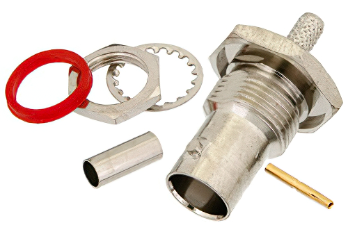 75 Ω BNC メス バルクヘッドマウントコネクタ、圧着/はんだ接続、PE-B150、RG180、RG195、.480インチD穴