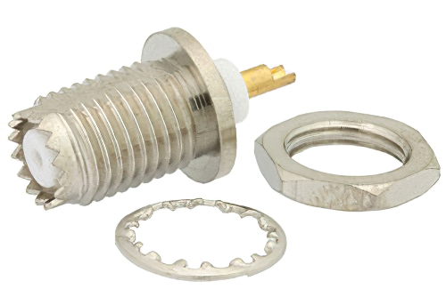 Mini UHF メス バルクヘッドマウントコネクタ、はんだ接続、ソルダーカップターミナル、.350インチD穴、リアマウント