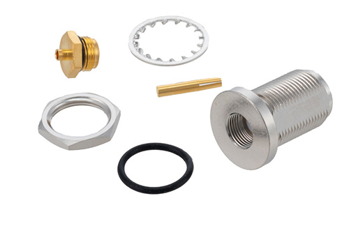 N メス バルクヘッドマウントコネクタ、はんだ接続、PE-SR405AL、PE-SR405FL、RG405、.640インチDD穴