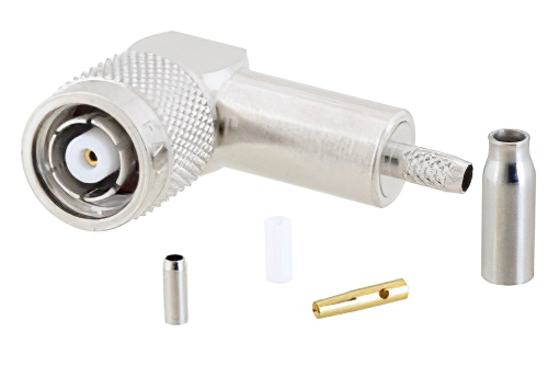 逆極性 TNC オス 直角コネクタ、圧着/はんだ接続、RG316、RG174、RG188、LMR-100、PE-B100、PE-C100、.100インチ