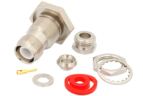 逆極性 TNC メス バルクヘッドマウントコネクタ、クランプ/はんだ接続、RG58、RG142、RG223、RG400、RG141、RG303、RG55、PE-C195、PE-P195、.480インチD穴