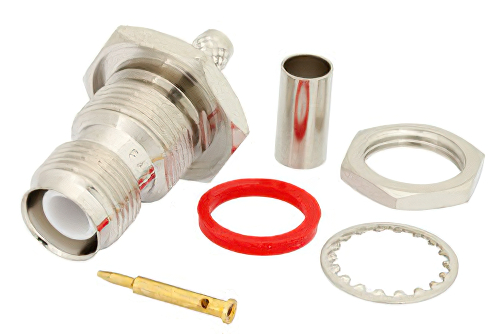 逆極性 TNC メス バルクヘッドマウントコネクタ、圧着/はんだ接続、RG55、RG141、RG142、RG223、RG400、.480インチD穴