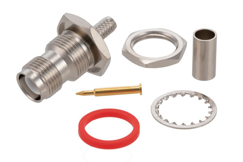 逆極性 TNC メス バルクヘッドマウントコネクタ、圧着/はんだ接続、.195インチ、RG58、RG141、RG303、LMR-195、LMR-195-FR、PE-C195、PE-P195、.480インチD穴