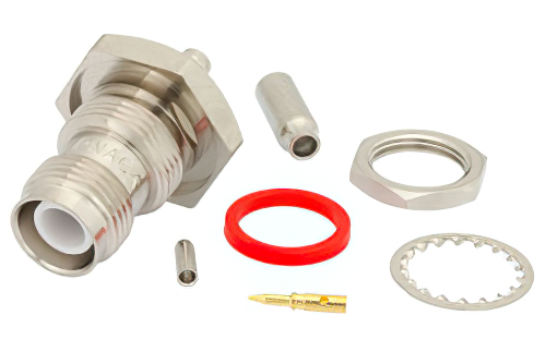 逆極性 TNC メス バルクヘッドマウントコネクタ、圧着/はんだ接続、.100インチ、RG316、RG174、RG188、LMR-100、LMR-100A、LMR-100A-FR、PE-C100、PE-B100、.480インチD穴