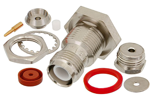 逆極性 TNC メス バルクヘッドマウントコネクタ、クランプ/はんだ接続、RG178、RG196、.480インチD穴