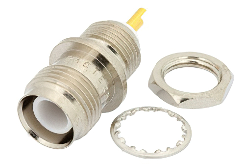 逆極性 TNC メス バルクヘッドマウントコネクタ、はんだ接続、ソルダーカップターミナル、.410インチD穴