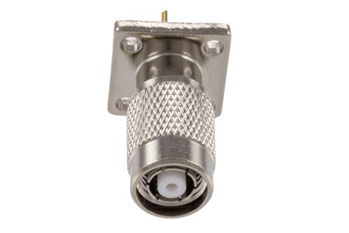 逆極性 TNC オス コネクタ、はんだ接続、4ホールパネルマウント、ソルダーカップターミナル、.531インチ穴間隔