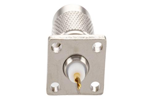 逆極性 TNC オス コネクタ、はんだ接続、4ホールパネルマウント、ソルダーカップターミナル、.531インチ穴間隔