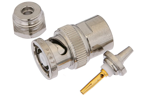 逆極性 BNC オス コネクタ、クランプ/はんだ接続、RG174、RG316、RG188、LMR-100、PE-B100、PE-C100、.100インチ