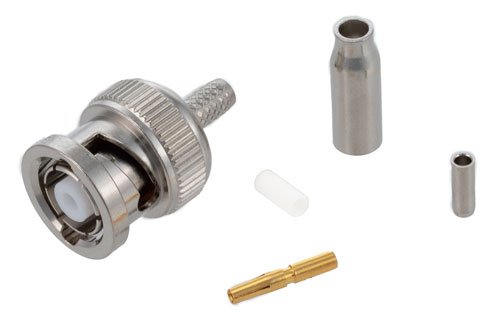 逆極性 BNC オス コネクタ、圧着/はんだ接続、RG174、RG316、RG188、LMR-100、PE-B100、PE-C100、.100インチ