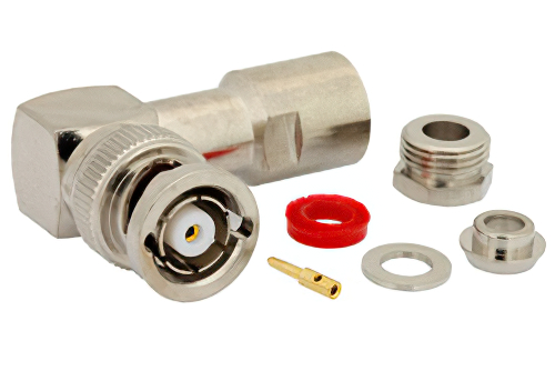 逆極性 BNC オス 直角コネクタ、クランプ/はんだ接続、RG58、RG55、RG141、RG142、RG223、RG400、RG303、PE-C195、PE-P195、LMR-195