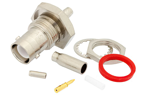 逆極性 BNC メス バルクヘッドマウントコネクタ、圧着/はんだ接続、.100インチ、RG316、RG174、RG188、LMR-100、LMR-100A、LMR-100A-FR、PE-C100、PE-B100、.480インチD穴