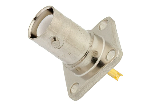 逆極性 BNC メス コネクタ、はんだ接続、4ホールパネルマウント、ソルダーカップターミナル、.500インチ穴間隔