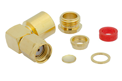 逆極性 SMA オス 直角コネクタ、クランプ/はんだ接続、RG58、RG55、RG141、RG142、RG223、RG400