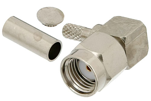 逆極性 SMA オス 直角コネクタ、圧着/はんだ接続、RG174、RG316、RG188、PE-B100、PE-C100、.100インチ、LMR-100