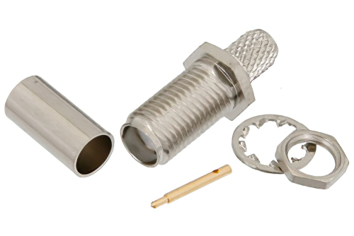 逆極性 SMA メス バルクヘッドマウントコネクタ、圧着/はんだ接続、RG58、.235インチD穴