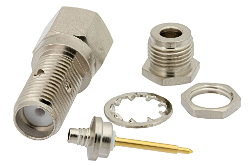 逆極性 SMA メス バルクヘッドマウントコネクタ、クランプ/はんだ接続、RG174、RG316、RG188、.235インチD穴