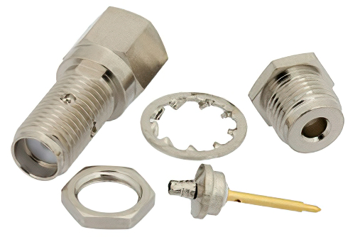 逆極性 SMA メス バルクヘッドマウントコネクタ、クランプ/はんだ接続、RG178、RG196、.235インチD穴