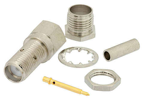 逆極性 SMA メス バルクヘッドマウントコネクタ、圧着/はんだ接続、RG178、RG196、.235インチD穴