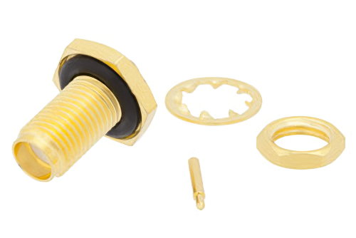 逆極性 SMA メス バルクヘッドマウントコネクタ、はんだ接続、PE-SR405AL、PE-SR405FL、PE-SR405FLJ、PE-SR405TN、RG405、.235インチD穴