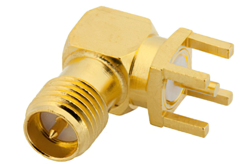 逆極性 SMA メス 直角コネクタ、はんだ接続、スルーホールPCB、.200インチx.067インチ穴間隔