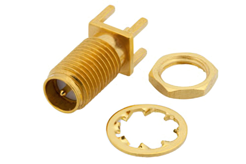 逆極性 SMA メス バルクヘッドマウントコネクタ、はんだ接続、スルーホールPCB、.250インチ直径