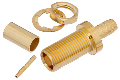 MCX ジャック バルクヘッドマウントコネクタ、圧着/はんだ接続、RG174、RG316、RG188、LMR-100、PE-B100、PE-C100、.100インチ、.177インチD穴