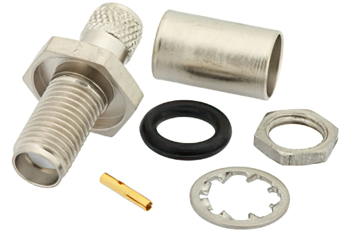 SMA メス バルクヘッドマウントコネクタ、圧着/はんだ接続、RG59、RG62、RG71、.235インチD穴