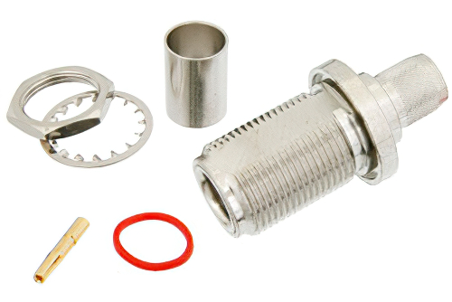 N メス バルクヘッドマウントコネクタ、圧着/はんだ接続、RG213、RG8、.640インチDD穴