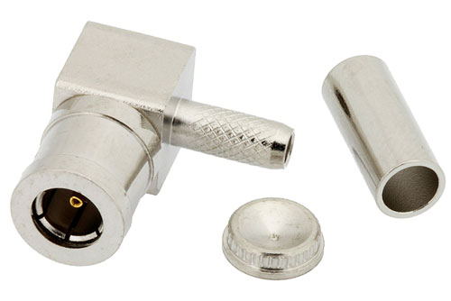 75 Ω Mini SMB プラグ 直角コネクタ、圧着/はんだ接続、RG179、RG187