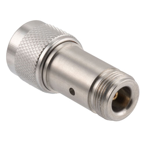 15 dB 固定減衰器、N オス 〜 N メス、防錆処理ステンレス鋼、2 W、最大 18 GHz