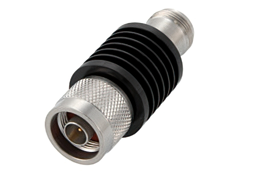 10 dB 固定減衰器、N オス 〜 N メス、黒色 陽極酸化アルミヒートシンク、10 W、最大 18 GHz