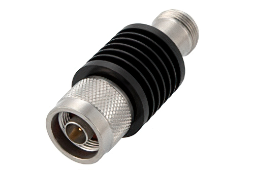 2 dB 固定減衰器、N オス 〜 N メス、黒色 陽極酸化アルミヒートシンク、10 W、最大 18 GHz