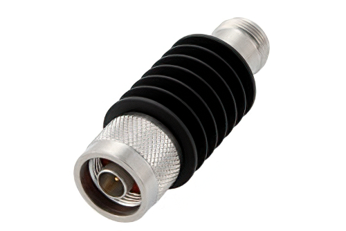 40 dB 固定減衰器、N オス 〜 N メス、黒色 陽極酸化アルミヒートシンク、10 W、最大 18 GHz