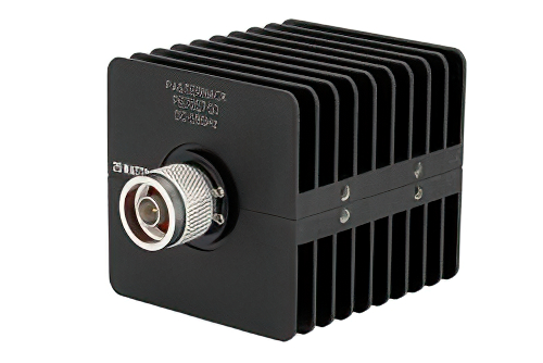 10 dB 固定減衰器、N オス 〜 N メス、黒色 陽極酸化アルミヒートシンク、25 W、最大 18 GHz