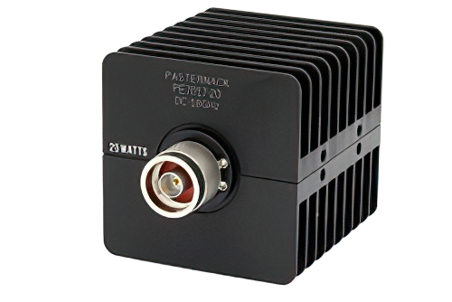 20 dB 固定減衰器、N オス 〜 N メス、黒色 陽極酸化アルミヒートシンク、25 W、最大 18 GHz