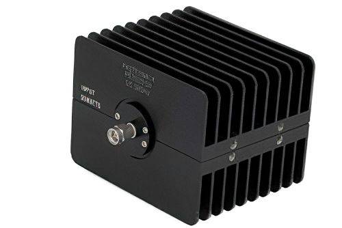 10 dB 固定減衰器、SMA オス 〜 SMA メス 方向性、黒色 陽極酸化アルミヒートシンク、50 W、最大 18 GHz