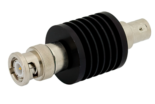 20 dB 固定減衰器、BNC オス 〜 BNC メス、黒色 陽極酸化アルミヒートシンク、10 W、最大 2 GHz