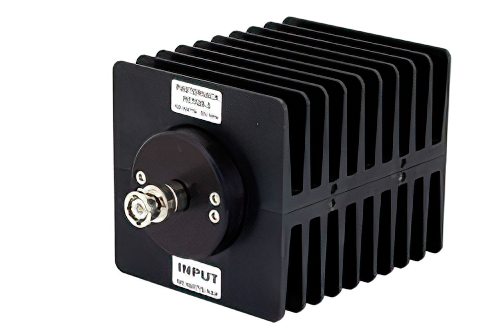 3 dB 固定減衰器、BNC オス 〜 BNC メス 方向性、黒色 陽極酸化アルミヒートシンク、100 W、最大 1 GHz